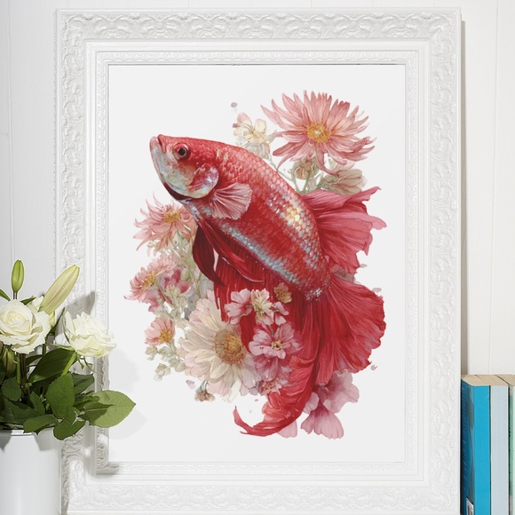 Watercolor Betta Fish with Flowers Wall Art Print Unframed - Enchanting Aquatic - Picture 6 of 6
